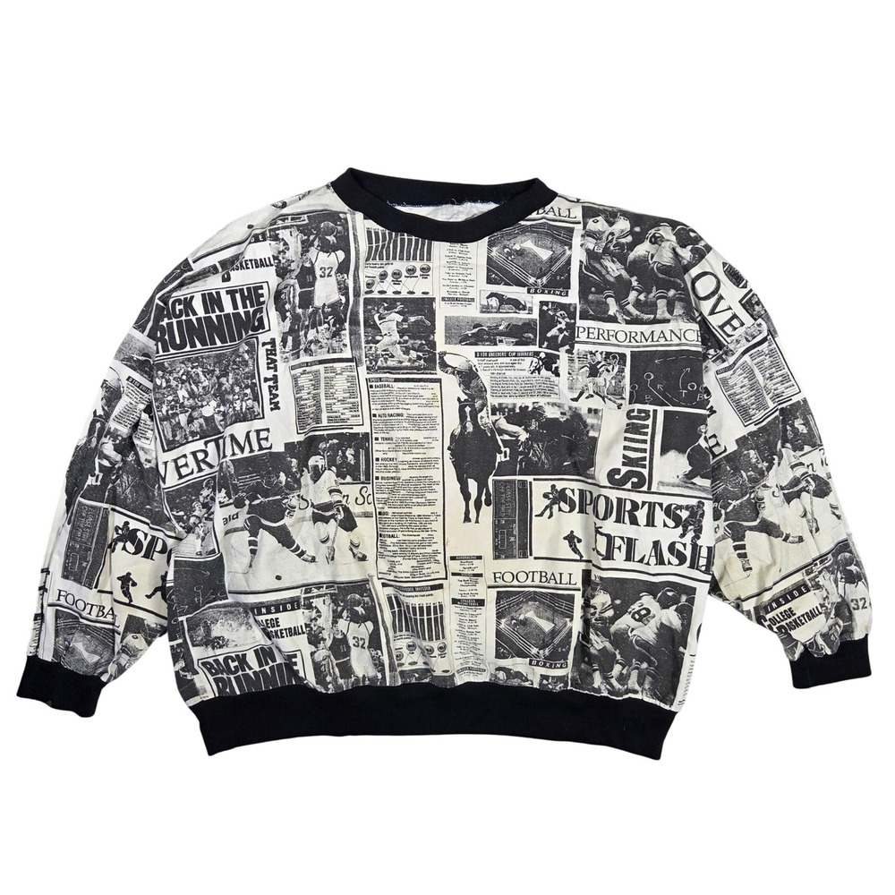 Vintage Newspaper Print Sports Sweatshirt Black White Oversized Retro 90s Style